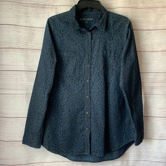 Code Bleu Long Sleeve Button Up Shirt Leopard Animal Print Pockets Size Small - Picture 1 of 10
